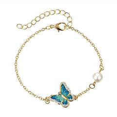 Fashion Link Bracelet with Oil Painted Butterfly Charm Bangles Imitation Pearl Wedding Bridal Bracelets Birthday Jewelry Gift